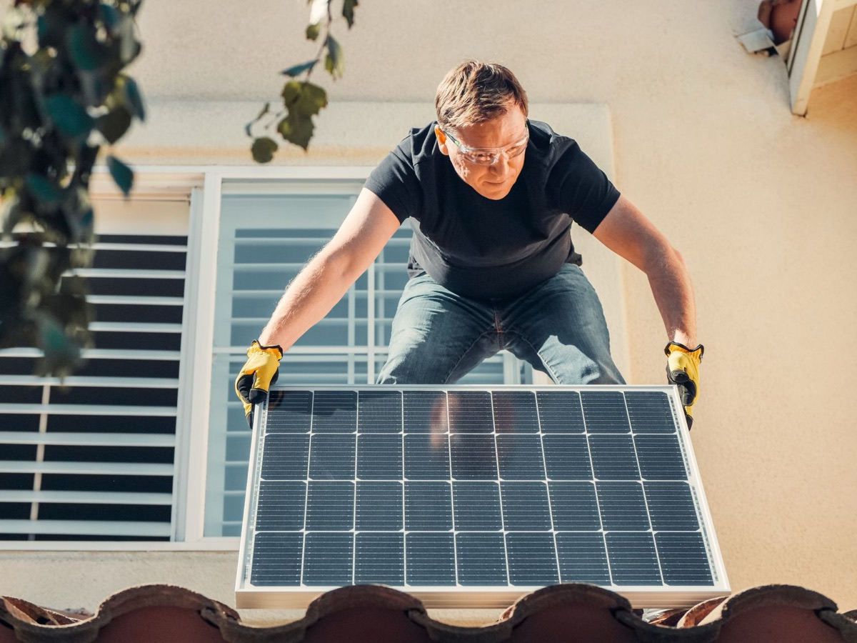 Rooftop solar panel installation close-up